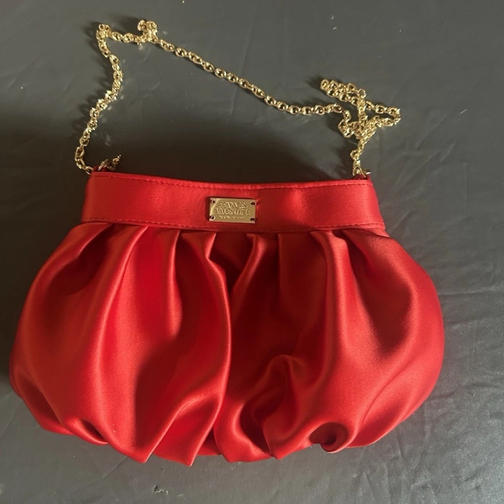 Francis Valentine Red Satin Clutch with Gold Chain